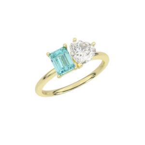 Toi et Moi engagement ring with heart-shaped lab diamond and rectangular aquamarine side by side