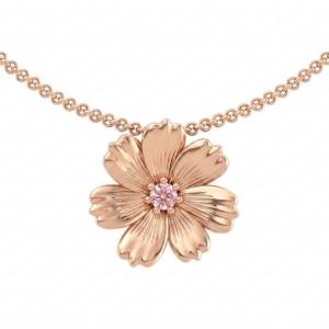 Cosmos flower pendant in rose gold with pink lab diamond centre Description: Rose gold Cosmos Bloom pendant featuring a pink lab-grown diamond inspired by South African autumn flowers.