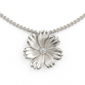 Delicate Cosmos Bloom pendant inspired by South Africa’s wildflowers, featuring a refined floral design with a sparkling lab-grown diamond centre in warm gold tones