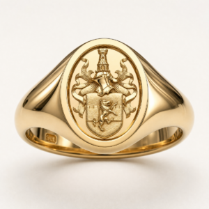 Custom family crest signet ring handcrafted in 9ct gold with intricate 3D heraldic engraving in Johannesburg, South Africa.